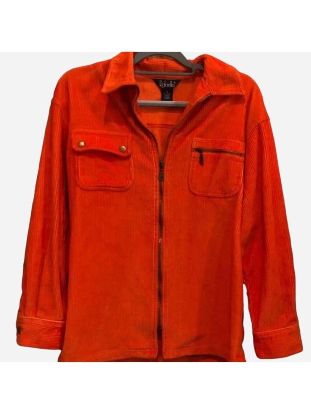 Orange corduroy jacket with zipper and button...